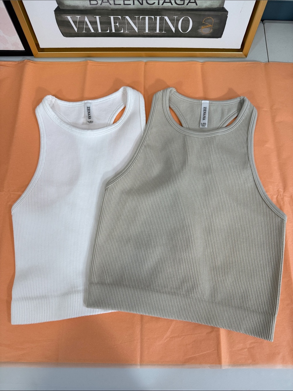Set of 2 - Zenana Ribbed Racerback Crop Tanks/Bramis - White & Light Taupe